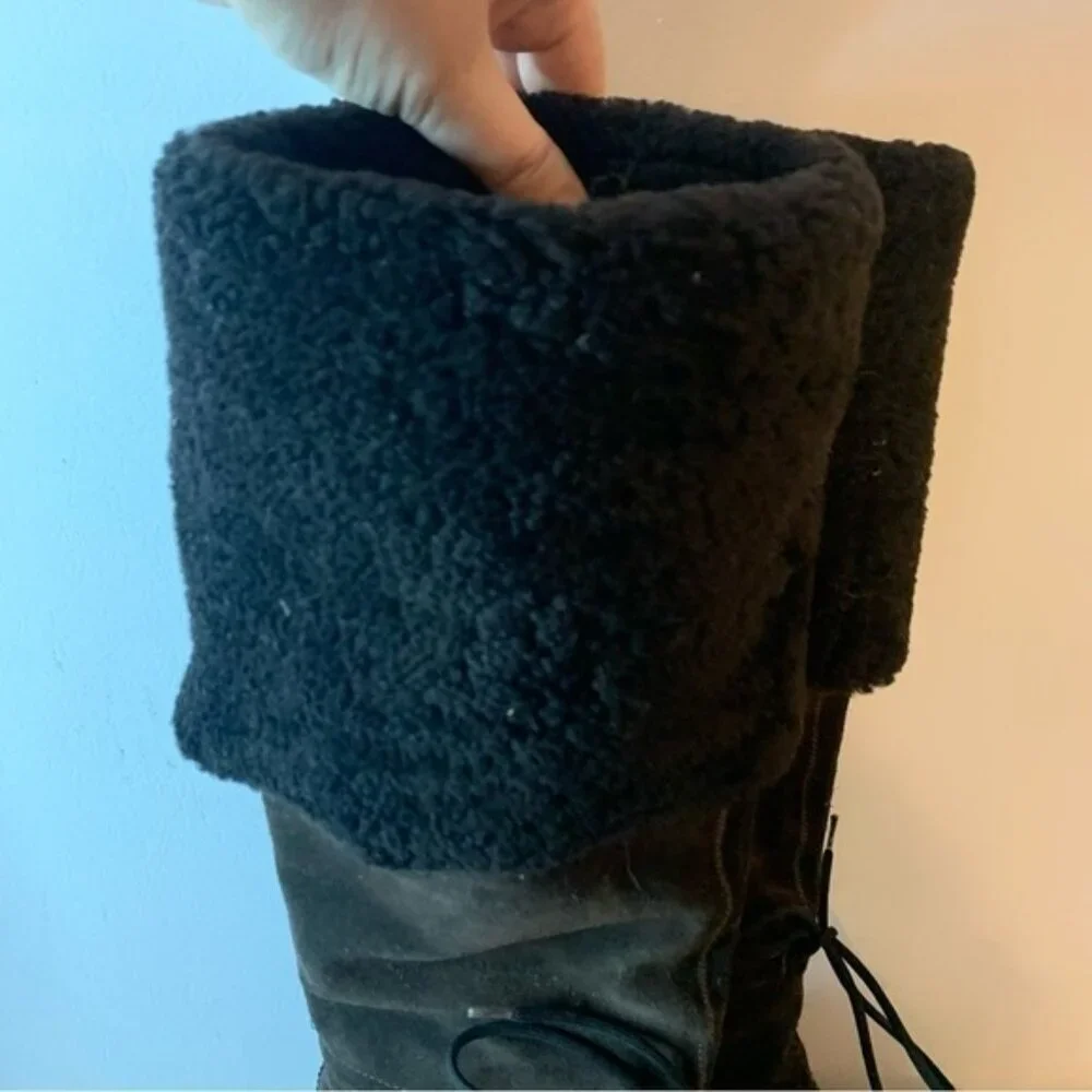 Prada Brown Suede Leather Shearling Knee High Wedge Boots 7